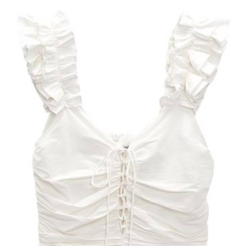 NWT Zara White Ruffle Sleeve Linen Blend Mini Ruched Dress Lace Up tie detail XS - Picture 12 of 15